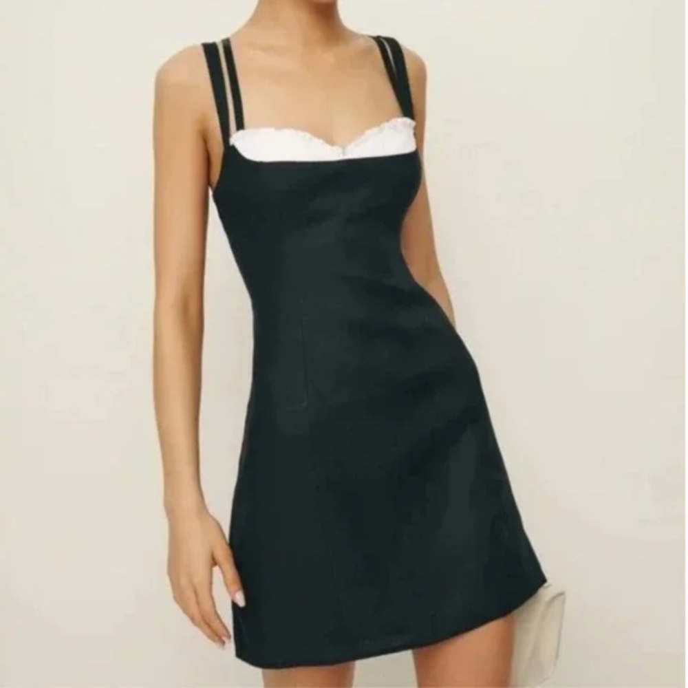 NWT Reformation | Lovella 100% Linen Mini Eyelet Dress in Black & White Size 6